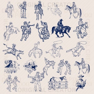 Op de afbeelding: Een verzameling van 20 zwart-witte lijntekeningen van cowboys en cowgirls die paardrijden, lassoen en vee drijven. De illustraties zijn in vintage stijl en zouden perfect zijn voor een western-themaproject.