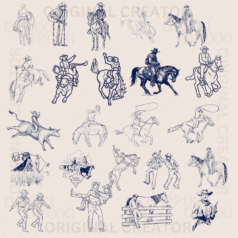 Op de afbeelding: Een verzameling van 20 zwart-witte lijntekeningen van cowboys en cowgirls die paardrijden, lassoen en vee drijven. De illustraties zijn in vintage stijl en zouden perfect zijn voor een western-themaproject.