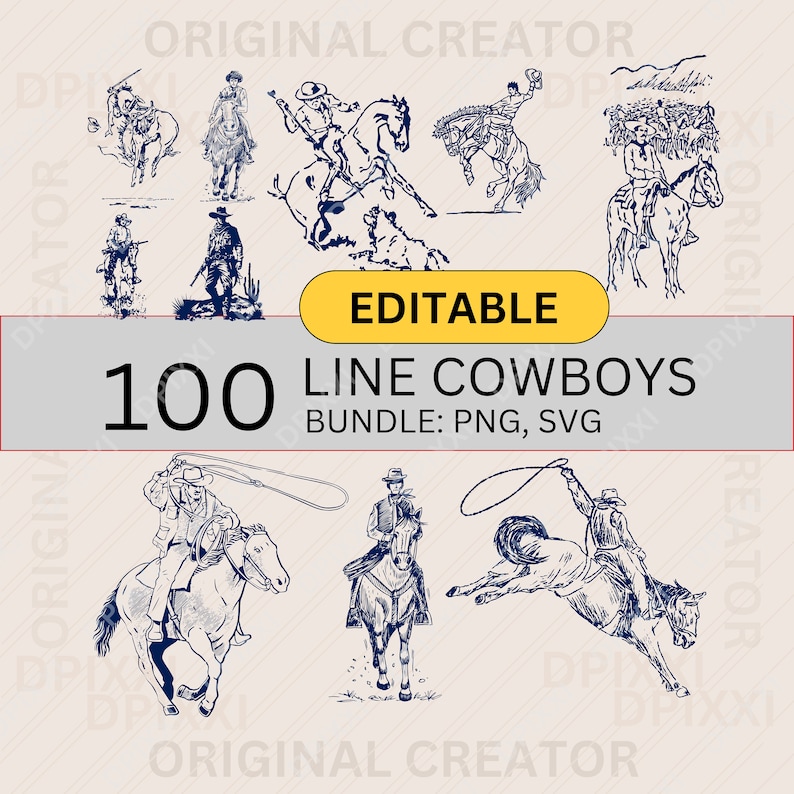 Op de afbeelding: Een set van 100 line art illustraties van cowboys die op paarden rijden. De cowboys zijn getekend in een eenvoudige, minimalistische stijl en dragen allemaal traditionele cowboyhoeden en kleding. De illustraties zijn perfect voor gebruik in een verscheidenheid aan projecten, zoals websiteontwerp, social media graphics en drukwerk.
