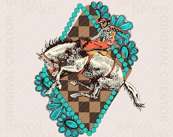 Turquoise Checker Cowboy png * Cowboy Rodeo png, Digital Download Printable,  Western Rodeo, Digital Download, Western Art PNG, Cowgirl #16