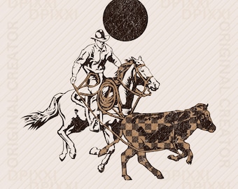 Cowboy Lasso Checker Cow * Western png, Digital Download, Western Sublimation, Cowboy Rodeo Png, Western Graphics, Horse Png, Shirt Design