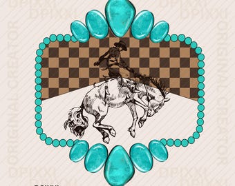 Mysteriöser türkisfarbener Cowboy – Digitale Kunst (PNG) * Let's Ride Checker Horse Western Bucking Western Sublimation Rodeo Grafik, Shirt Design #