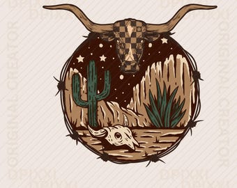Desert landscape Checker Cow Skull PNG * desert scene, cactus clipart, western desert png, wild west png, arizona png