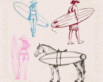 EDITABLE Surf Bundle png, svg * Cowboy Surf Horse Surfboard Cowgirl Summer Social Club Retro Beach Western Retro western, Cowgirl Surf Beach