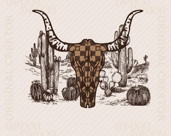 Diseño de calavera de vaca a cuadros estilo western desértico, descarga digital instantánea / Diseños western de moda, archivos PNG western, PNG de camisetas de moda, descargas de moda