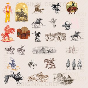 May include: A collection of 25 black and white illustrations of cowboys riding horses in various poses. The illustrations are in a vintage style and feature cowboys wearing hats and boots, and horses with saddles and bridles.