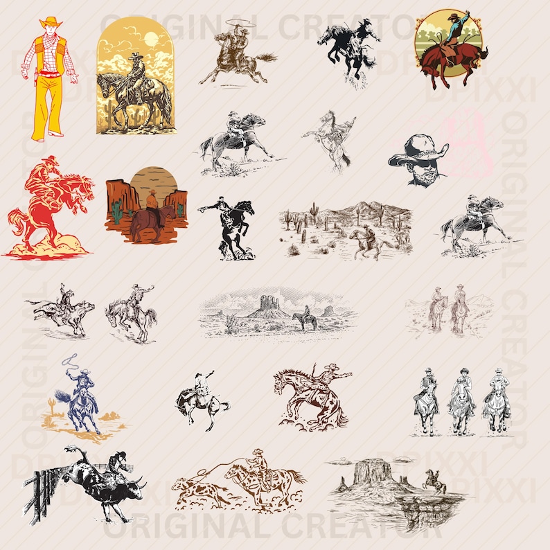 May include: A collection of 25 black and white illustrations of cowboys riding horses in various poses. The illustrations are in a vintage style and feature cowboys wearing hats and boots, and horses with saddles and bridles.
