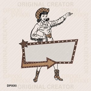 以下が含まれることがあります： チェック柄の帽子をかぶったカウガールが、右を指す矢印のついた看板を持っている白黒のイラスト。看板は茶色の縁取りで、白く古びた背景です。