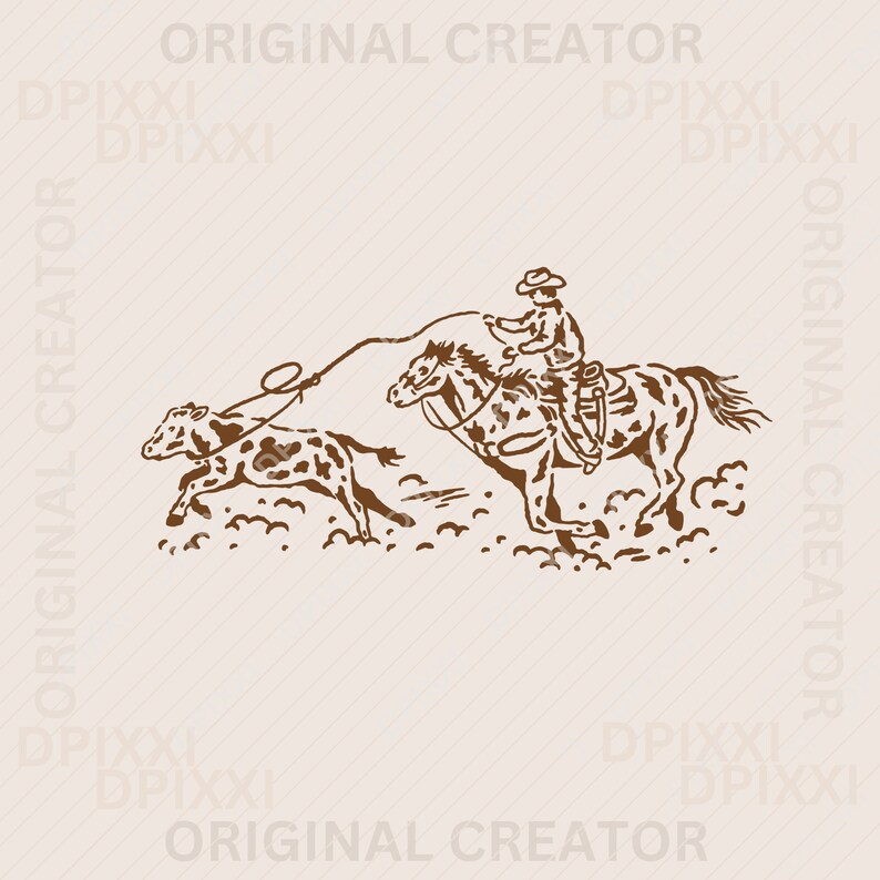 May include: A brown line drawing of a cowboy riding a horse and roping a calf. The cowboy is wearing a hat and boots. The horse and calf are both running.