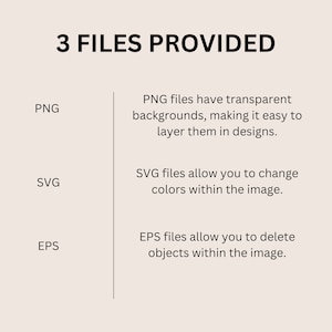 May include: A chart explaining the differences between PNG, SVG, and EPS file formats. PNG files have transparent backgrounds, SVG files allow you to change colors, and EPS files allow you to delete objects.
