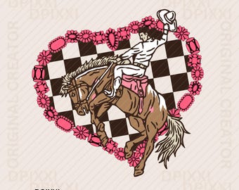 以下が含まれることがあります： ロデオのカウボーイが暴れ馬に乗っているデジタルイラスト。ハート型で囲まれています。ハートは市松模様の背景、ピンクの花、宝石が特徴です。カウボーイは白いシャツを着て、カウボーイハットを持っています。
