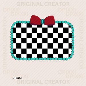Ruby Red Bow Turquoise Rectangle Checker Digital Frame Printable png * Shape Digital Download Western Design Conchos Sublimation Design #473