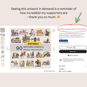 May include: A digital download of 90 editable western cowboy illustrations in PNG, SVG, and EPS formats. The illustrations feature cowboys on horses, cacti, and sunsets. The text "EDITABLE" is displayed on the image. The text "90 WESTERN COWBOYS BUNDLE: PNG, SVG, EPS" is also displayed on the image.
