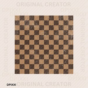 May include: Square image featuring a brown and tan checkerboard pattern with a distressed, vintage aesthetic. The design has a worn look, with a grid of alternating dark and light squares. The overall color palette is neutral, with a focus on earthy tones.