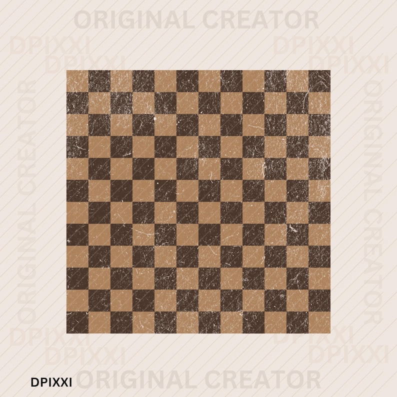 May include: Square image featuring a brown and tan checkerboard pattern with a distressed, vintage aesthetic. The design has a worn look, with a grid of alternating dark and light squares. The overall color palette is neutral, with a focus on earthy tones.