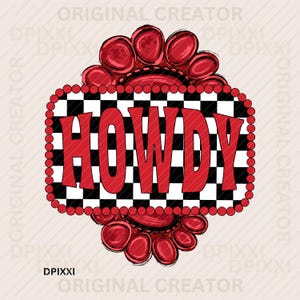 Puede incluir: Un diseño decorativo con la palabra "HOWDY" en rojo sobre un fondo a cuadros blanco y negro. El diseño está enmarcado por un borde de cuentas rojas y acentos rojos en forma de pata, ideal para ropa o accesorios.