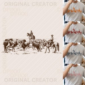 PNG, SVG Cowboy Herd Cattle Drive Scene Sticker Design Boho Southwest Cricut Fil Tee Grafisk Farmhouse Decor Clipart Tumbler Wrap #299