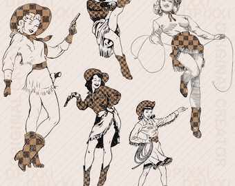 Checker Cowgirl Friends Bundle PNG * Western Cowgirl Sublimering Western Cowboy Cowgirl Sublimeringsdesigner Western Png Retro Western Design