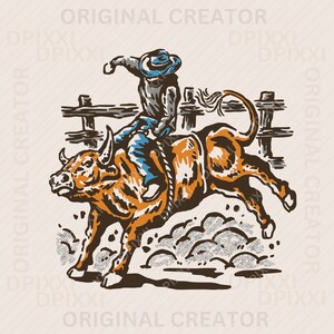May include: A cowboy in a blue shirt and hat rides a bucking brown bull in a rodeo. The bull is jumping over a wooden fence.