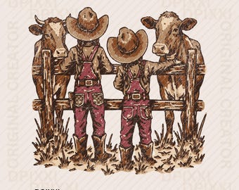 May include: Illustration of two children in cowboy hats and overalls, standing at a wooden fence with two cows. The children are facing away from the viewer. The image has a rustic, country theme.