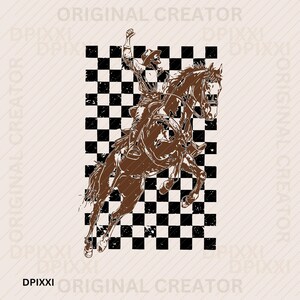 May include: Brown illustration of a cowboy riding a horse, set against a black and white checkered background. The cowboy is wearing a hat and raising one arm. The image has a distressed, vintage look.