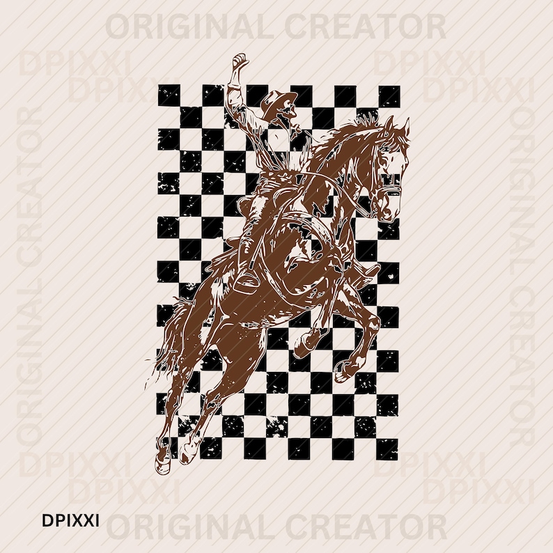 May include: Brown illustration of a cowboy riding a horse, set against a black and white checkered background. The cowboy is wearing a hat and raising one arm. The image has a distressed, vintage look.