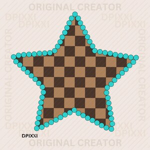 Puede incluir: Gráfico en forma de estrella con un patrón de tablero de ajedrez marrón y beige que rellena el interior. El contorno de la estrella está formado por pequeños círculos de color turquesa. El texto "DPIXXI" está en la parte inferior izquierda.