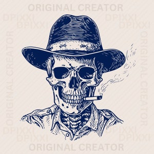 Op de afbeelding: Een blauwe en witte illustratie van een schedel die een cowboyhoed draagt en een sigaret rookt. De schedel is afgebeeld met een gedetailleerde skeletstructuur en een tandenrij.