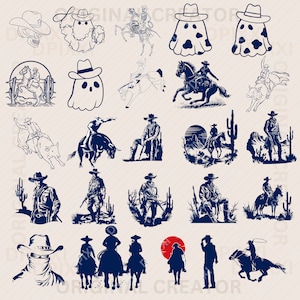 Op de afbeelding: Een verzameling van 25 zwart-wit illustraties van cowboys en geesten. De illustraties tonen cowboys die op paarden, stieren en geesten rijden. Sommige cowboys dragen hoeden en houden geweren vast. De geesten dragen cowboyhoeden en hebben een spookachtige uitstraling.