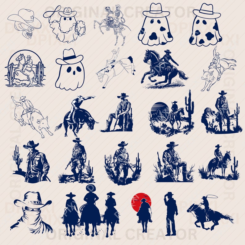 Op de afbeelding: Een verzameling van 25 zwart-wit illustraties van cowboys en geesten. De illustraties tonen cowboys die op paarden, stieren en geesten rijden. Sommige cowboys dragen hoeden en houden geweren vast. De geesten dragen cowboyhoeden en hebben een spookachtige uitstraling.