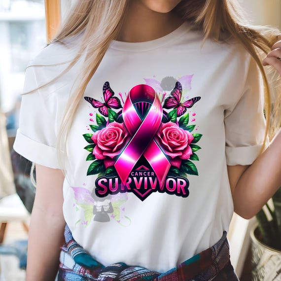 Cancer Survivor PNG – Pink Ribbon Roses & Butterflies  – Breast Cancer Awareness Sublimation Design