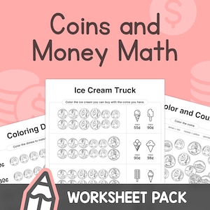 Könnte beinhalten: Ein schwarz-weißes Arbeitsblatt mit dem Titel "Coins and Money Math". Das Arbeitsblatt zeigt ein Eiswagen-Thema mit Bildern von Münzen und Eiswaffeln. Der Text "Price" steht neben jeder Eiswaffel, zusammen mit dem Preis in Cent. Das Arbeitsblatt enthält auch einen Abschnitt zum Ausmalen von Münzen.