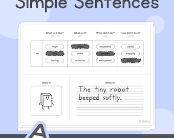 Proste zdania – K, 1, 2 klasa Arkusze ćwiczeń do pisania zdań – bez przygotowania (do wydruku w formacie PDF)
