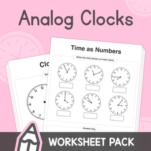 Könnte beinhalten: Ein Stapel weißer Arbeitsblätter mit Zifferblättern und dem Text "Time as Numbers" und "Analog Clocks". Die Arbeitsblätter haben Felder, um die auf jeder Uhr angezeigte Zeit einzutragen. Das Wort "WORKSHEET PACK" ist ebenfalls sichtbar.
