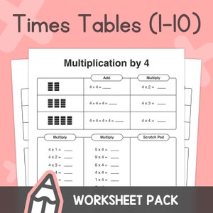 May include: A worksheet pack for learning multiplication tables. The white pages feature multiplication problems with the title "Multiplication by 4". The top of the page reads "Times Tables (1-10)" and "WORKSHEET PACK" is at the bottom. The background is light pink.