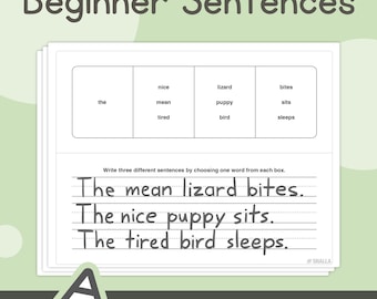 Zdania dla początkujących – klasy K, 1, 2 Pisanie zdań i arkusze słownictwa – bez przygotowania (do wydruku w formacie PDF)