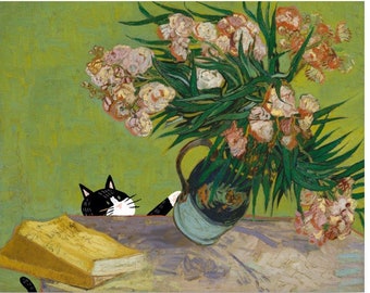 Black and White Tuxedo Cat Knocking Over Van Gogh’s Vase with Oleanders and Books - Funny Cat Art - Tippy’s Friends