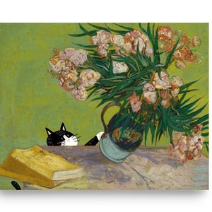 Black and White Tuxedo Cat Knocking Over Van Gogh’s Vase with Oleanders and Books - Funny Cat Art - Tippy’s Friends