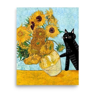 Black Cat Knocking Over Van Gogh’s Sunflowers - Funny Cat Art - Tippy’s Friends