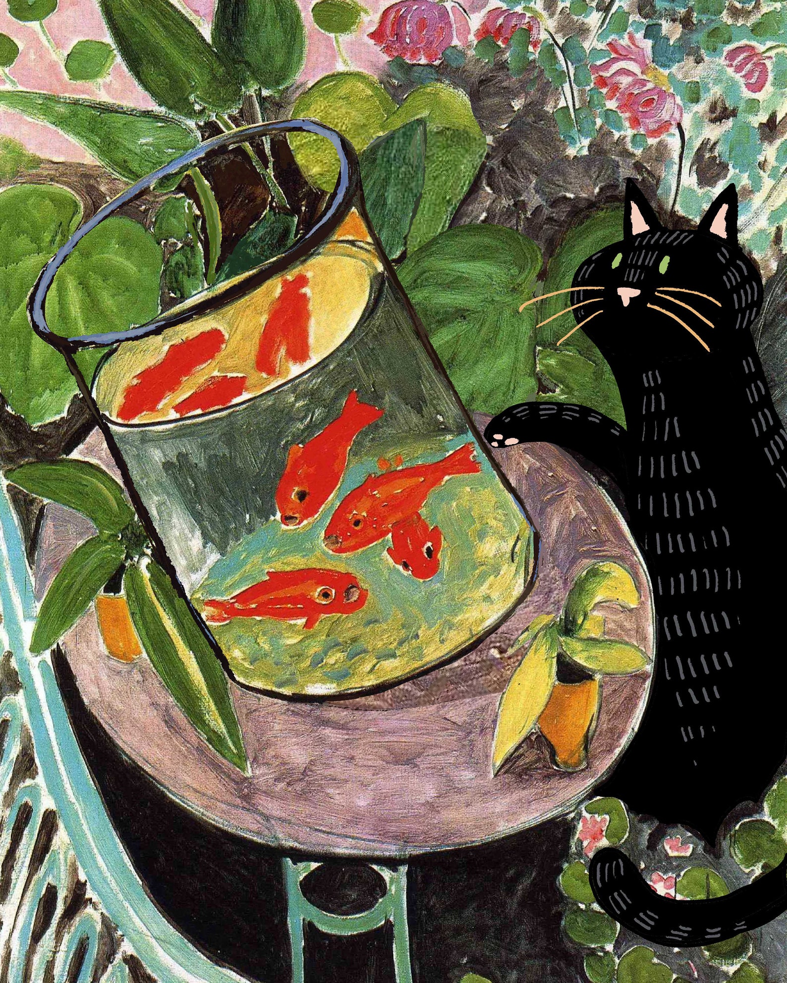 Black Cat Knocking Over Henri Matisses Goldfish Funny Cat Art Tippys
