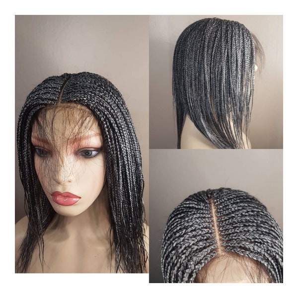 Grey braided wig, grey mix wig, black and grey wig, colour 50 grey wig, handmade braided grey wig,2x4 closure wig.
