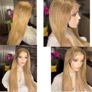 Puede incluir: Una peluca larga, recta, de color rubio claro con un frente de encaje. La peluca está peinada con un estilo liso y recto y se lleva en una cabeza de maniquí.