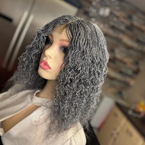 Micro twist wig, Senegalese twist wig, curly grey hair, glueless wig grey braids, closure braids, light grey hair