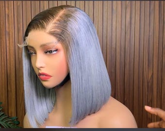 Cabello donante liso, pelucas grises, peluca de cabello humano liso, peluca de encaje con cierre, peluca de encaje HD, peluca frontal de encaje rosa de 10 pulgadas, peluca bob