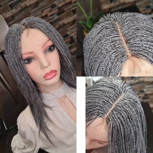 Peruca micro twist, peruca de parte profunda, peruca senegalesa twist, trançadora do Reino Unido, tranças cinza Houston Braider, tranças de fechamento