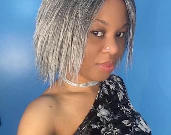 Salt and pepper wig, 6-8 inches grey braids, feathers twist wig, short skinny twist, Senegalese Twist Wig,  light Grey hair.