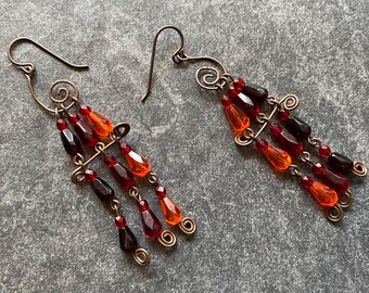Wildfire- Czech Glass and Copper Wire Earrings, handmade, copper, niobium, hypoallergenic