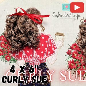 May include: Embroidered design of a woman with curly brown hair wearing a red and white polka dot shirt and blue jeans. The design is 4 inches by 6 inches and is titled "Curly Sue".