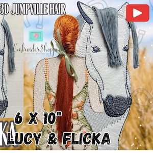 May include: Embroidered design of a woman with long red hair and a white horse. The woman is wearing a green and white dress. The design is 6 inches by 10 inches and is called "Lucy & Flicka".