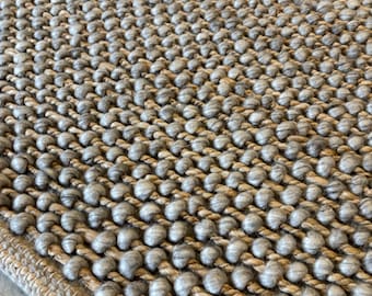 Handwoven, Grey, Wool, Jute, Rug: Chunky, Knit Basketweave, Carpet
